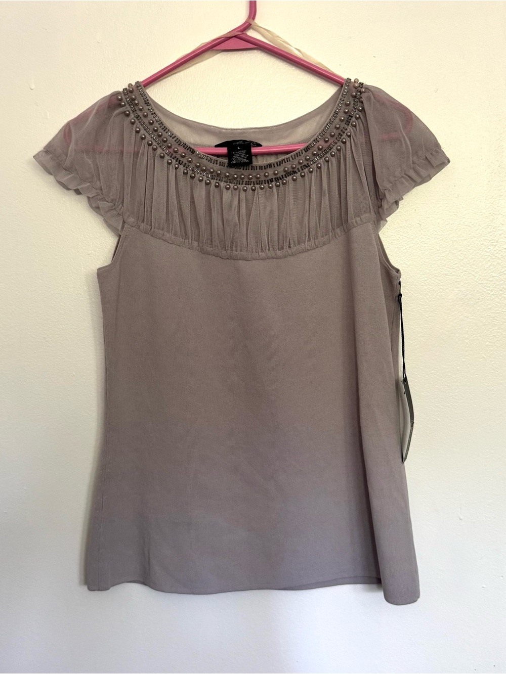 Willi Smith Dove Grey Knit/Tulle Beaded Top